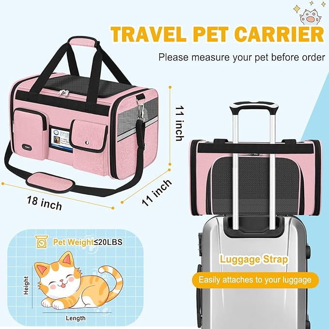 HUANLANG Soft-Sided Cat Carrier Airline Approved,Dog Carriers for Small Dogs Medium Cats,Pet Travel Carrier Up to 20 Lbs,Collapsible Cat Bag