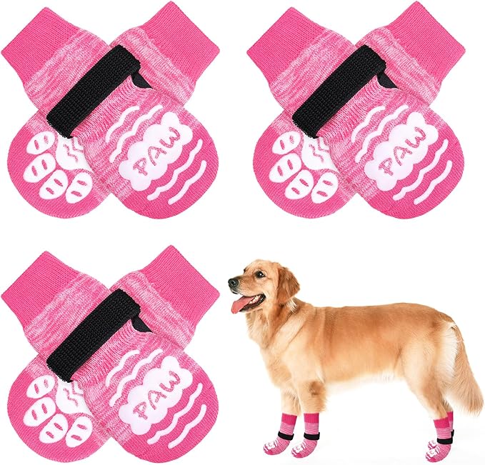 BEAUTYZOO Anti Slip Dog Socks for Small Medium Large Dogs,Paw Protector with Grips for Hardwood Floor Hot/Cold Pavement,Traction Control 3 Pairs AntiTwist Dog Shoes to Prevent Licking for Senior Dog