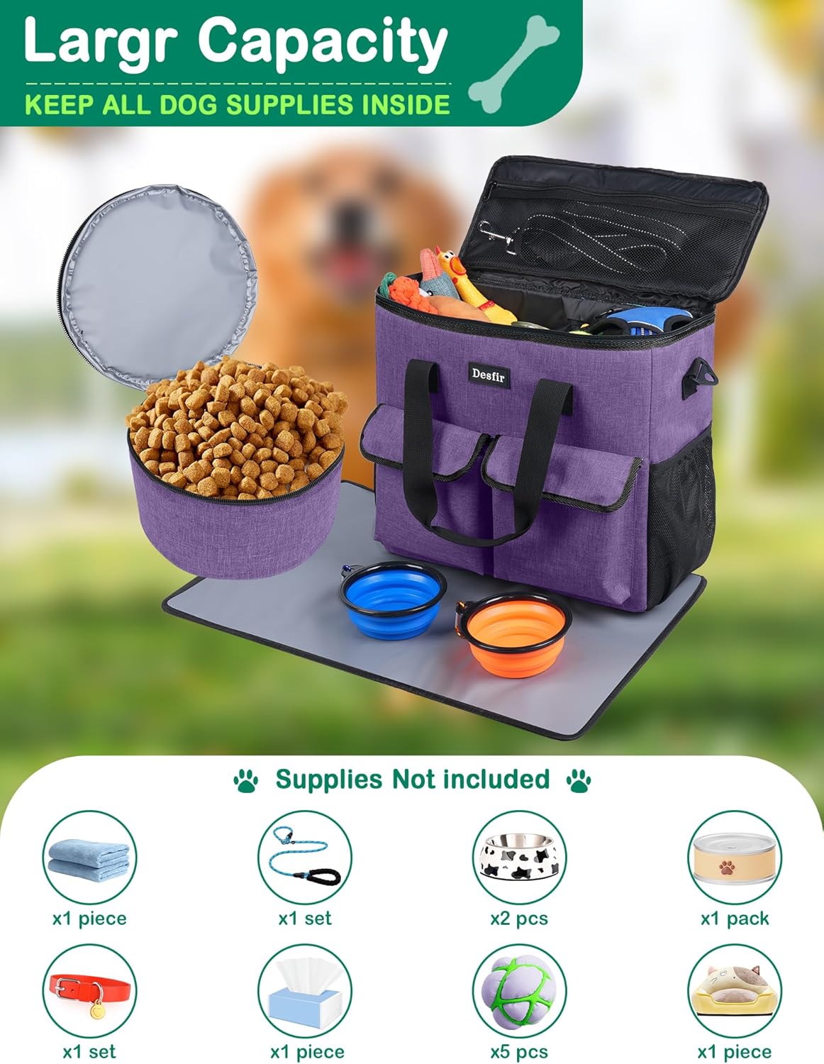 Large Pet Travel Bag Organizer - Dog & Cat Tote with Food Containers, Bowls, Feeding Mat, Perfect for Camping, Hiking (Multi-Pocket Design)