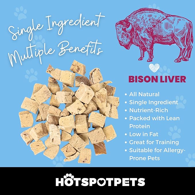 hotspot pets Freeze Dried Bison Liver Treats for Cats & Dogs - 1 Pound Big Bag,Made in USA, Single Ingredient All Natural, Grain-Free Bison Liver - Perfect for Training, Topper or Snack