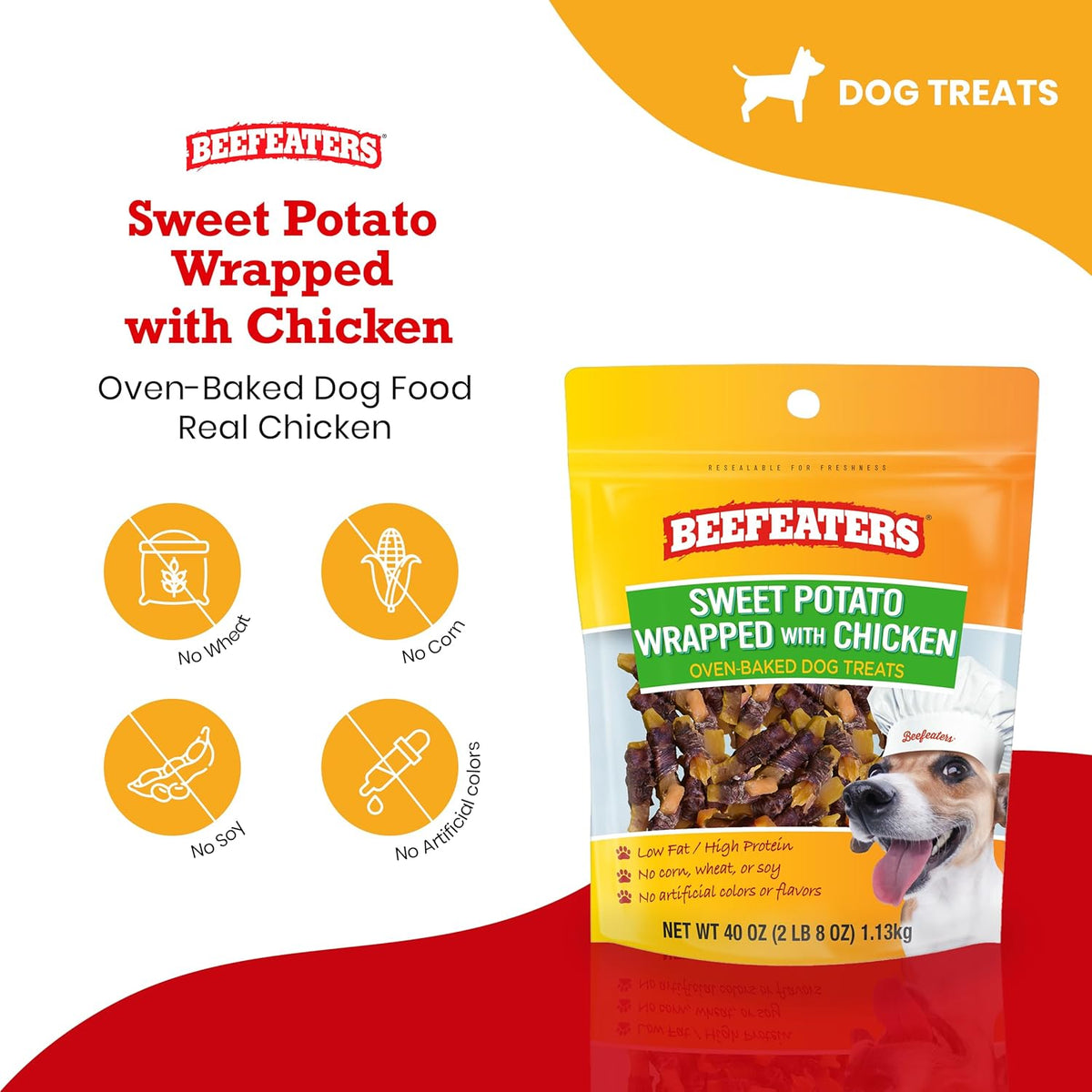 Beefeaters Sweet Potato Wrap with Chicken – Dog Treat. No Corn, Wheat, Soy or Gluten, Low Fat, Whole Muscle Jerky, Ideal for Training & Snacks