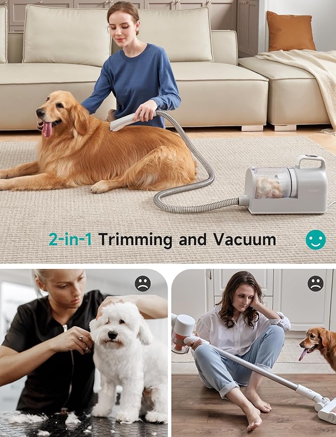 Hicozy S1+ Dog Grooming Vacuum, 12000Pa Minimum 50dB Quiet Dog Vacuum for Shedding Grooming with 2L Dust Cup, 6 Professional Pet Accessories with Clippers, Gray