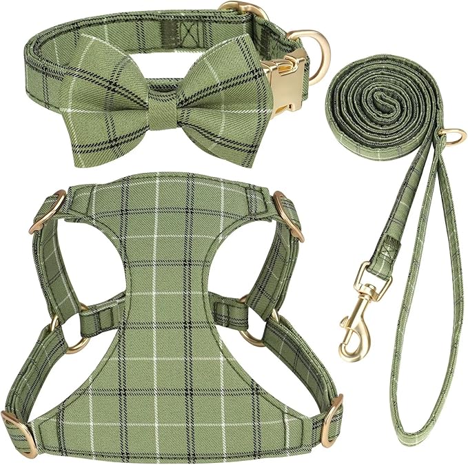 Beirui Cute Extra Small Dog Harness Collar and Leash Set with Bowtie, Soft Adjustable Plaid Puppy Harness for Small Sized Dogs Cats Walks Parties and Photoshoots(Green,XXS:Chest 12-14")