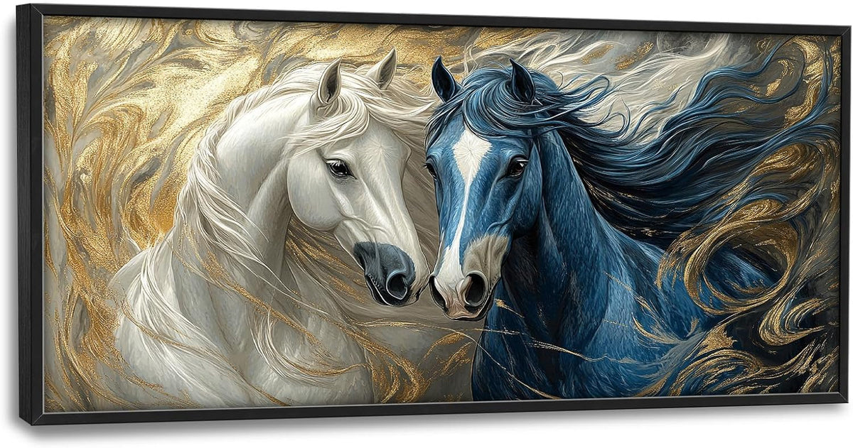 Framed Large Horse Wall Art for Living Room, Oversized Abstract Horses Wall Decor Blue and Golden Canvas Painting Animal Pictures Modern Artwork for Living Room Bedroom Office 60"x30"