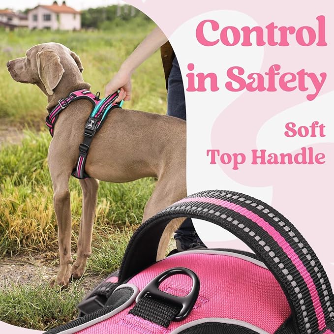 rabbitgoo Dog Harness for Large, No Pull Pet Harness with 3 Buckles, Adjustable Soft Padded Vest with Control Handle, Walking Reflective Pet Vest for Large Dogs, Rose Pink, L