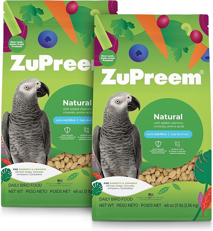 ZuPreem Natural Bird Food Pellets for Parrots & Conures, 3 lb (Pack of 2) - Daily Nutrition, Made in USA for Caiques, African Greys, Senegals, Amazons, Eclectus