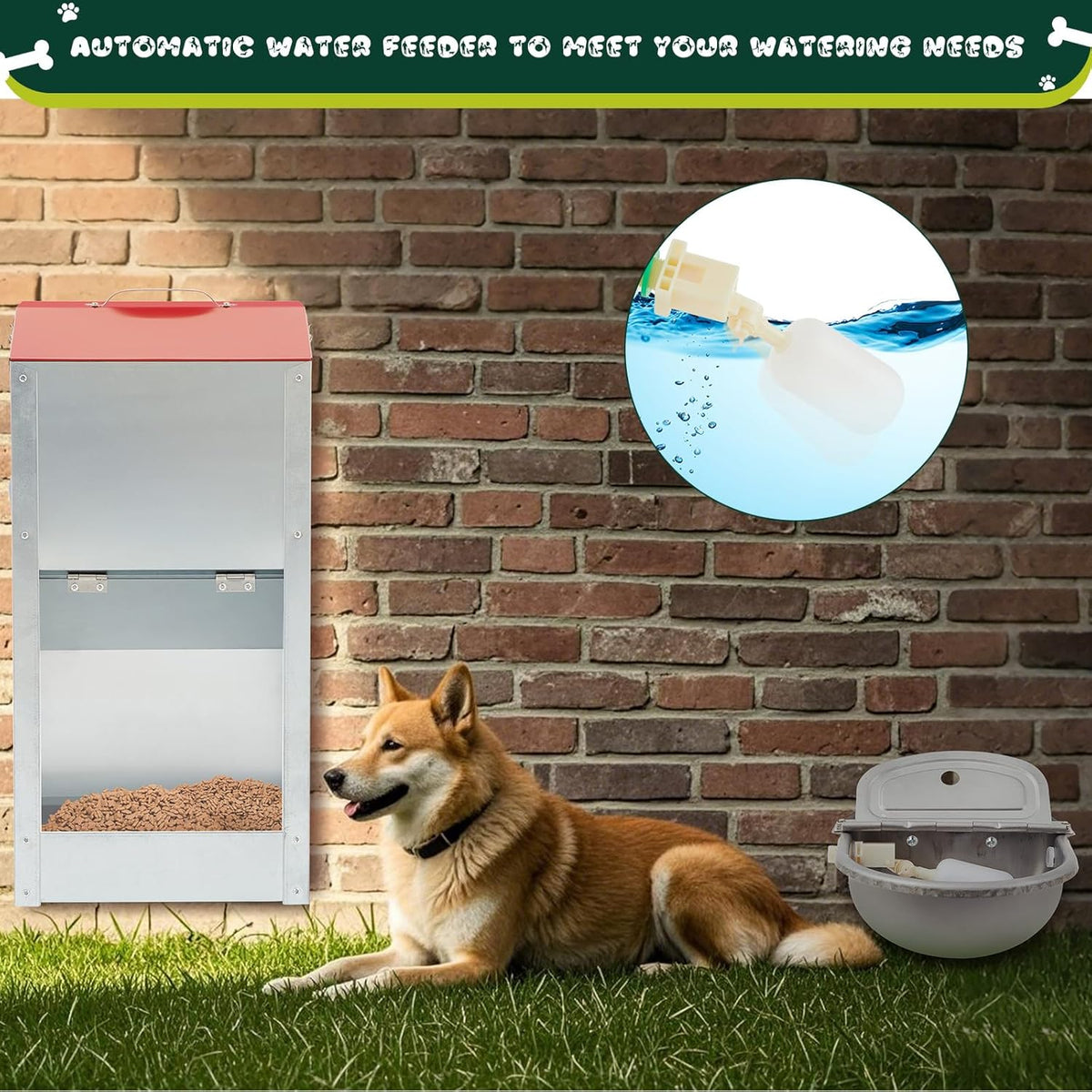 Integrated No Installation Galvanized Automatic Dog Feeder and 304 Stainless Steel Automatic Water Dispenser for Large Dogs 25lbs Outdoor Gravity Feeder Livestock Waterer