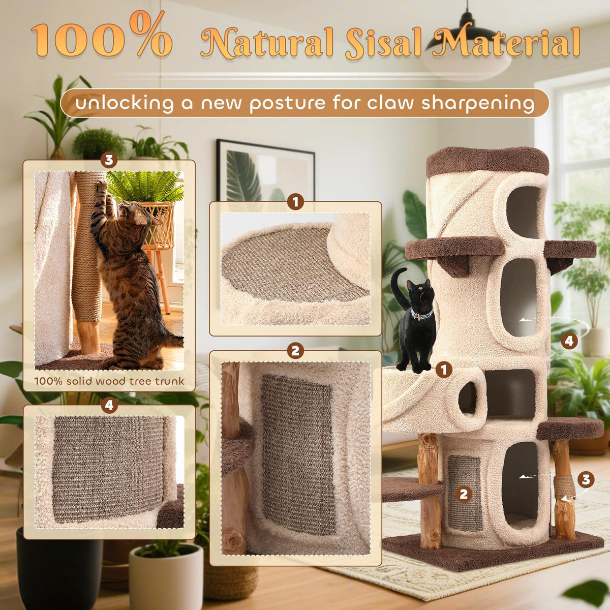 70'' Luxury Heavy Duty Cat Tree for Indoor Cats Adults,Treehouse Theme Large Cat Tower for Home Decoration,Multi-Level Modern Maine Coon Condo with 3*Wood Scratching Post,Perch,Huge House for Multicat