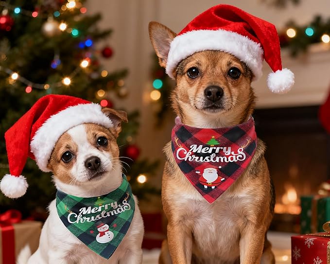Christmas Dog Bandanas 2PCS-Small,Classic Plaid Triangle Holiday Scarf with Santa and Snowman Prints,Winter Pet Outfit for Boys and Girls,Red Green Plaid Dog Costume for Small Dogs and Cats