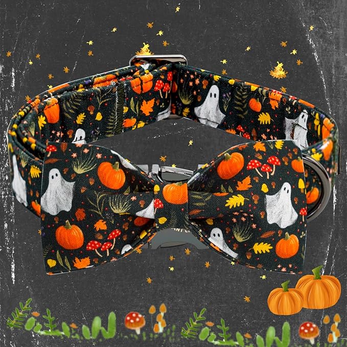 Elegant little tail Fall Dog Collars, Ghosts Pumpkin Print Halloween Pet Collar Puppy Male Cotton Dog Collar with Bow Adjustable Collars for Small Medium Large Dogs