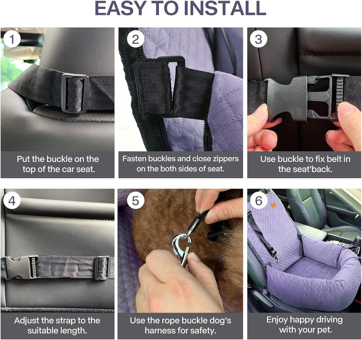 Dog Car Seat for Small Medium Dogs Up to 40lbs, Detachable Washable Soft Pet Booster Travel Bed for Front & Purple Seat with Safety Leash Belt