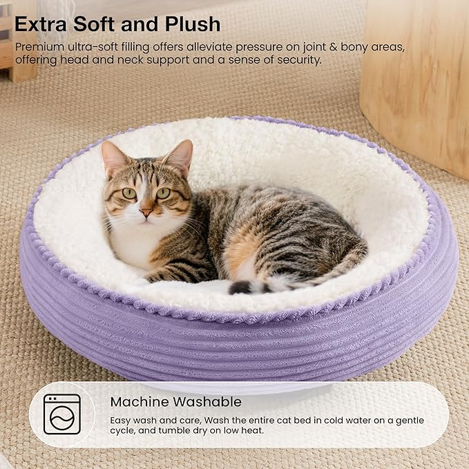 Love's cabin Round Donut Cat and Dog Cushion Bed, 20in Pet Bed for Cats or Small Dogs, Anti-Slip & Water-Resistant Bottom, Soft Durable Fabric Pet beds, Washable Luxury Cat Dog Bed Lavender Stripe
