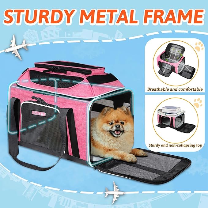 Petskd Top-Expandable Pet Carrier 17x11x9.5 Inches Alaska Airline Approved, Soft-Sided Carrier for Small Cats and Dogs with Locking Safety Zippers and Anti-Scratch Mesh(Pink)
