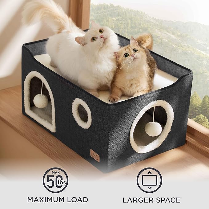 Bedsure Large Cat Beds for Indoor Cats - Extra Wide Cat Cube House for Small Pet with Fluffy Ball Hanging and Scratch Pad, Foldable Pet Cave Hideaway for Multiple Cats, 23.6x16.9x13 inches, Dark Grey
