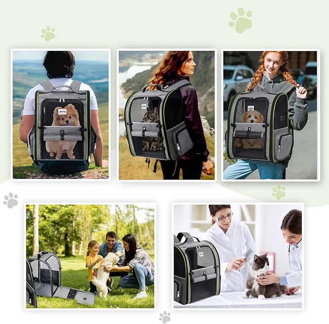 Lekebobor Large Cat Backpack Carrier Expandable Pet Carrier Backpack for Small Dogs Medium Cats Fit Up to 18 Lbs,Dogs Foldable Puppy Backpack Carrier for Travel, Hiking,Grey with Green Edge,L