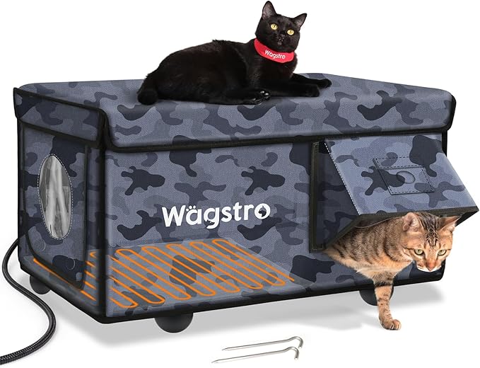 Heated Cat House for Outside, Waterproof Awning & Escape Door Heated Cat Houses for Indoor/Outdoor Cats in Winter, Elevated & Insulated Outdoor Cat Shelter for Feral Cat(Black Camo, 25"x16"x12")