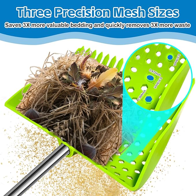 12-Inch 2-in-1 Chicken Poop Scooper & Rake – US Patent Pending – 3-Shape Sifting Holes Chicken Coop Rake，Stainless Steel Handle （20–61"）– Litter Scoop Sand & Sifting Shovel for Chicken Coops(Green)