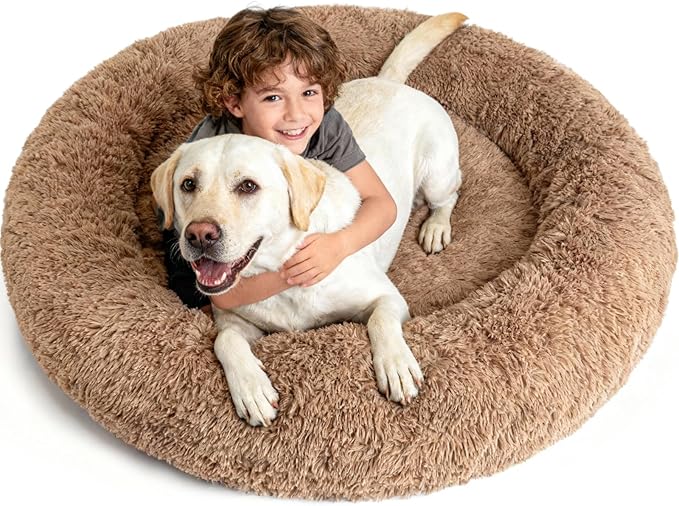 XXXL Orthopedic Dog Bed for Extra Large Dogs with Dount Plush Removable Cover Washable,Giant Circle Lounge Pet Bed Waterproof Foam Cuddler Cooling Gel Sofa for Anxiety Old Fluffy Friends Spine Camel