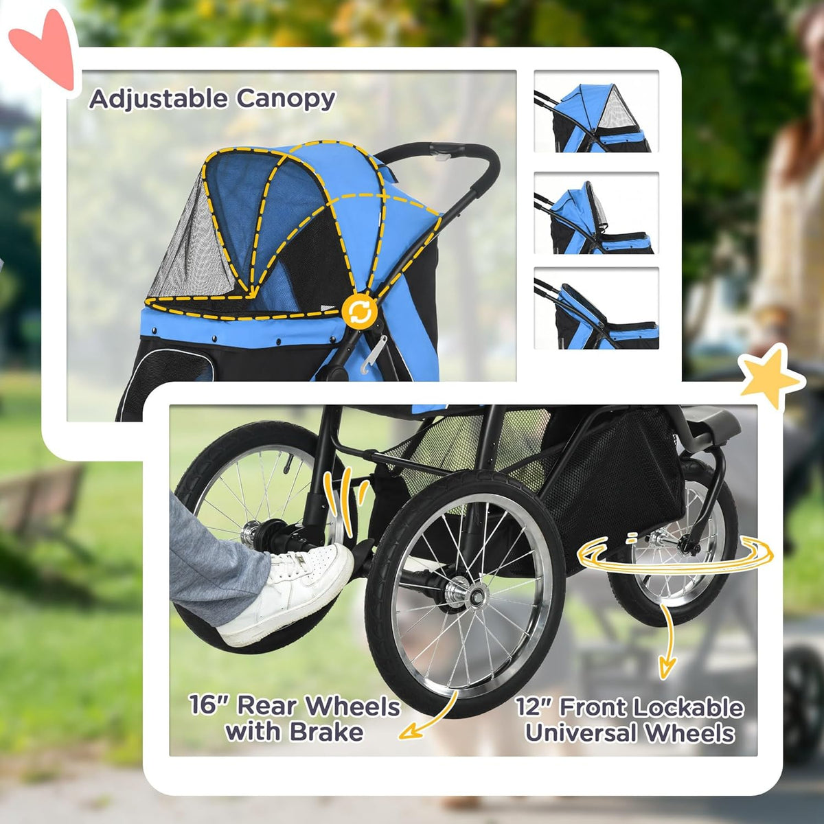 PawHut 3 Wheels Pet Stroller for Small and Medium Dogs, Foldable Cat Stroller Jogger with Adjustable Canopy, Safety Tether, Cushion, Storage Basket, Blue