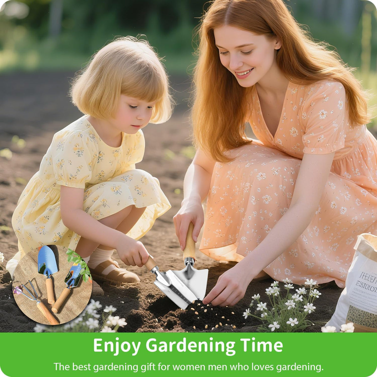 Garden Tool Set, 3 Pieces Gardening Kit with Garden Plant Twist Tie and Plastic Plant Tag, Stainless Steel Heavy Duty Garden Tools with Wooden Handle, Gardening Gifts for Women