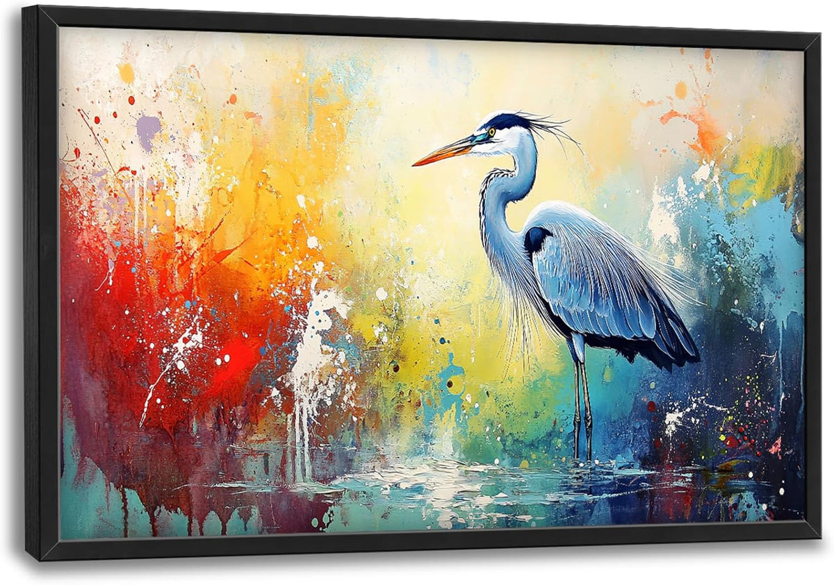 Extra Large Framed Abstract Heron Wall Art,Oversized Colorful Graffiti Heron Wall Decor Pictures for Living Room,Canvas Print Painting Modern Artwork Bedroom Office Bathroom Home Decor 36L x 24W