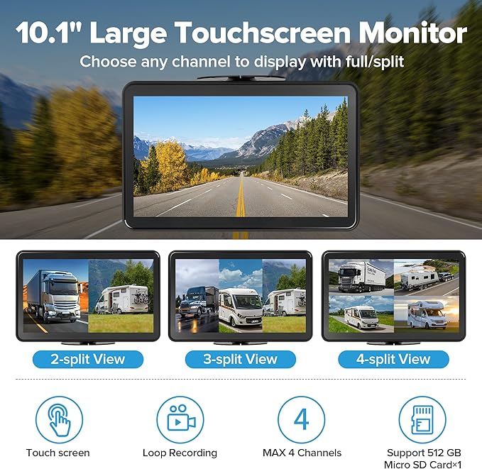 AI 4 Channel Dash Cam 1080P RV Backup Camera System with 10.1 Inch Touch Monitor,Person Detection MDVR Recording with 4pcs IP69K Waterproof Cameras for Truck/Trailer/Camper Van/SUV/Fleet