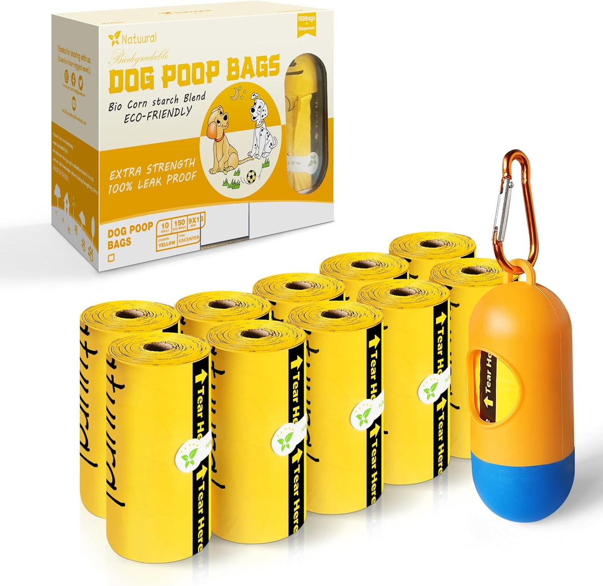 Dog Poop Bags-150 Counts with Holder (10 Rolls), Biodegradable Poop Bags, Eco-friendly and Easy to Open, Thick Dog Waste Bags (Yellow)