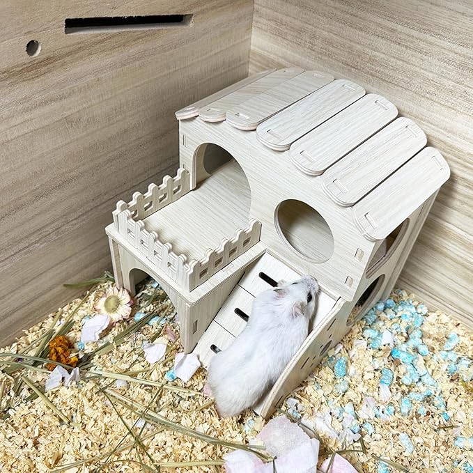 Hamster Wood House Wooden Hamster Hideout Maze Double-Decker Huts with Climbing Ladder for Syrian Dwarf Gerbil Mouse