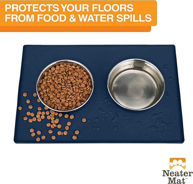 Neater Pet Brands Neater Mat Pet Mats for Food and Water, Cat & Dog Bowl Mat Waterproof Silicone, Feeding Tray, Dog Food Mats for Floors, Placemat w/Raised Edge for Under Bowls, 24" x 16", Dark Blue