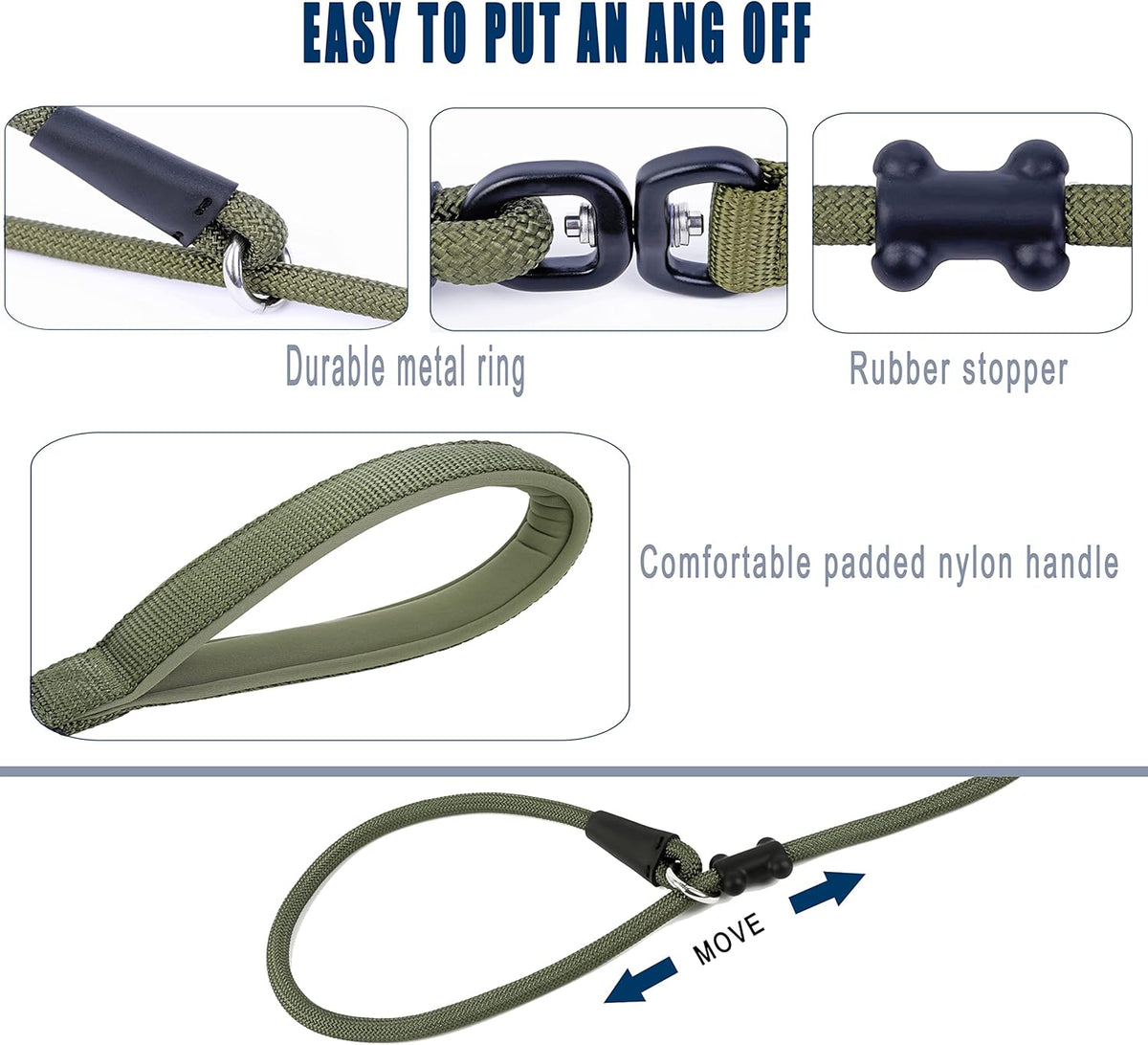 Slip Lead Dog Leash，Strong Nylon Rope Leash and Padded Handle,No Pull Outdoor Walking Training Lead for Small Medium Large Dogs(Army Green,1/2"×4ft)