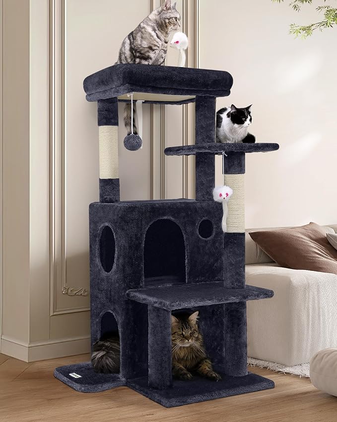 Globlazer Cat Tree Tower for Indoor Cats, 50-inch Adult Cat Tree House for Large Adult Cats with Steps, Scratching Post, 2 Cat Caves, Dangling Toys, FC50, Dark Grey