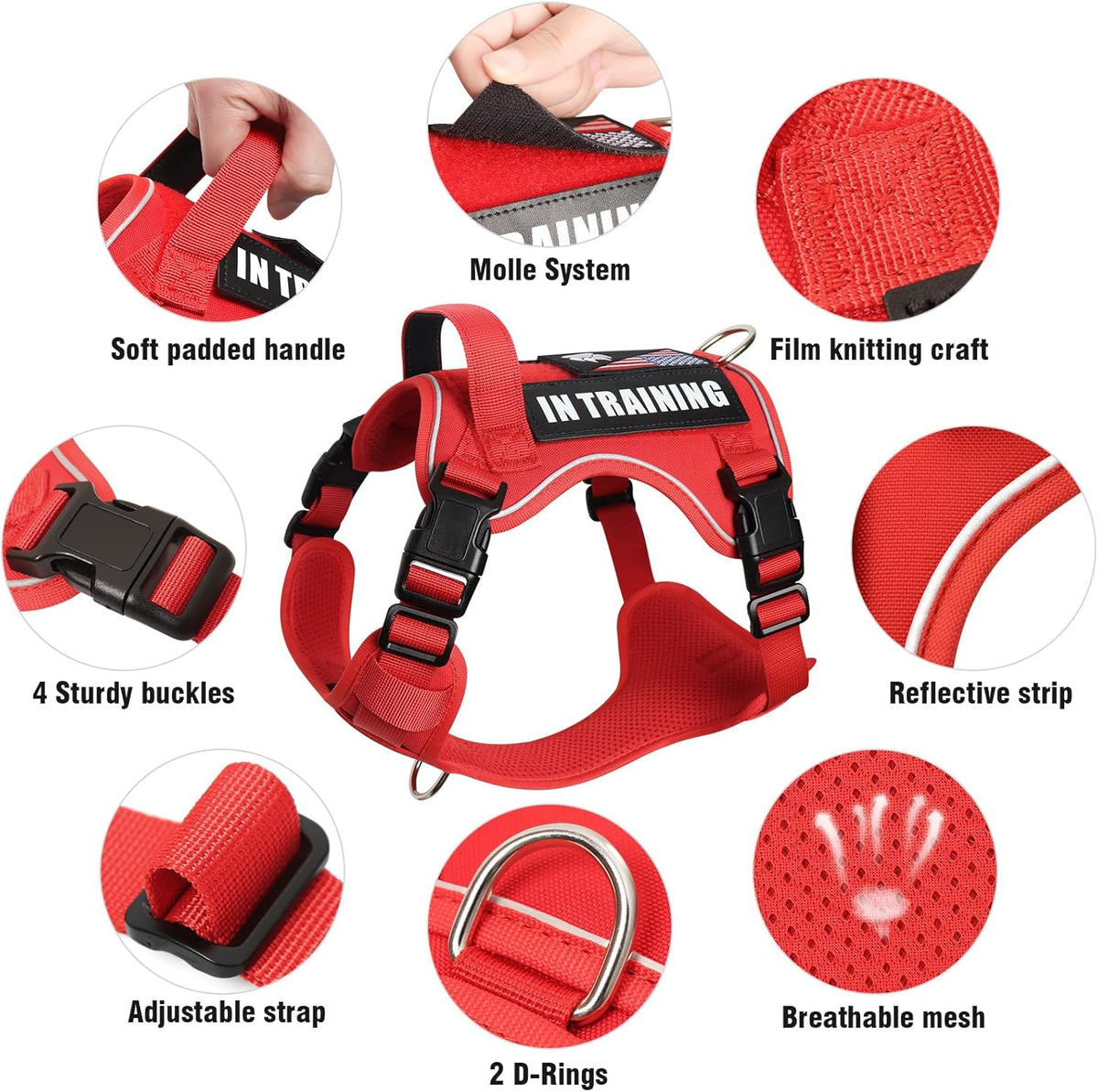 WINSEE Service Dog in Training Harness with 5 PCS Patches, Reflective Tactical Dog Vest Harness, Adjustable Soft Oxford Pet Harness with Easy Control Handle, Hook & Loop Panels for Walking Hiking