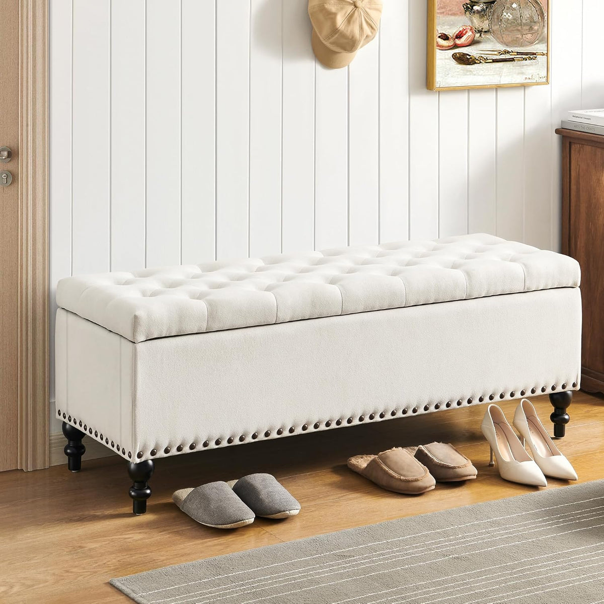 Ottoman with Storage,50.2-inch Upholstered End of Bed Storage Bench for Bedroom,for The Living Room,for Entryway, with Rivets & Button and Safety Hinges,Detachable (White)