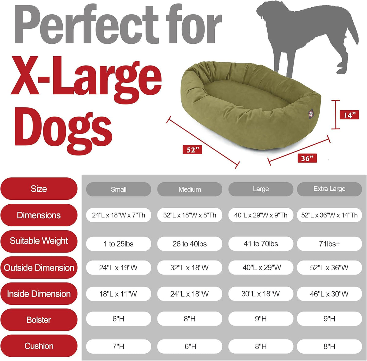 Majestic Pet 52 Inch Suede Calming Dog Bed Washable 52x35x11 (Inch) – Cozy Soft Round Donut Dog Bed with Spine Support for Dogs to Rest Their Head - Pet Bed X- Large - Sage (2025)