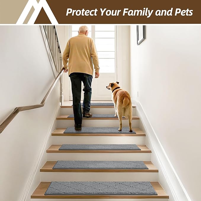 COSY HOMEER Stair Treads for Wooden Steps 9"x28" Washable Indoor Carpet Stair Treads Non Slip Soft Polyester Stair Carpet Tread Reusable Stair Runner Rugs for Kids, Elders,Pets,Medium Grey,10pcs