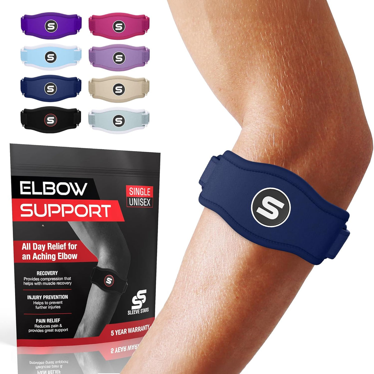 Sleeve Stars Tennis Elbow Brace for Women - Adjustable Tennis Elbow Strap, Golfers Elbow Brace for Men, Counterforce Brace for Tendonitis Relief, Fits 9"-23" (Single/Navy Blue)