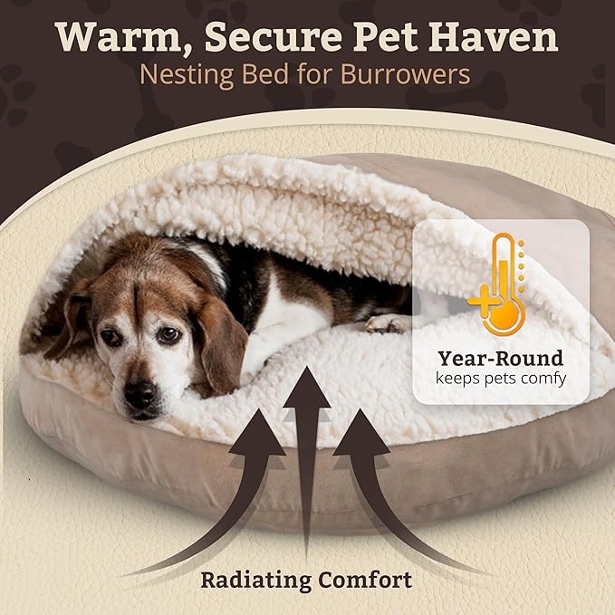 Snoozer Luxury Cozy Cave Dog Bed - Indoor Dog Bed with Cover Cave, Covered Calming Burrow for Small & Medium Sized Pets with Blanket Attached, Enclosed, Washable - Large, Buckskin