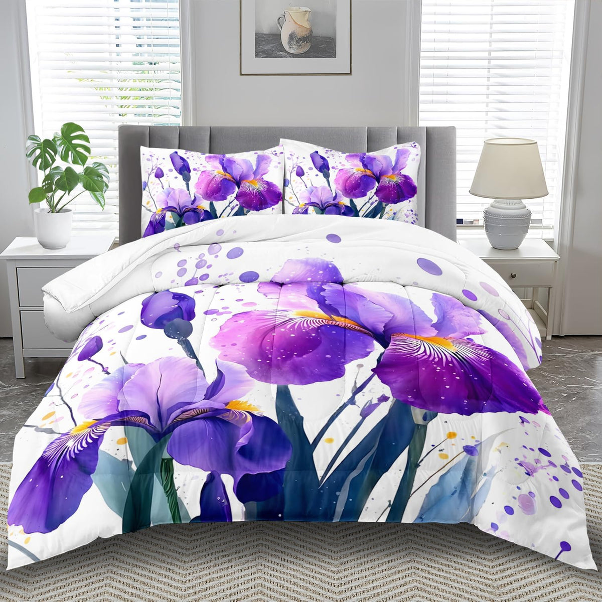 Purple Floral Comforter Set Twin Size Woman,Purple Iris Comforter for Girls,Pink Flower Bedding Set Twin Bedroom Decor,Floral Bedding Quilt Bed Decor Pink for Kids and Adults