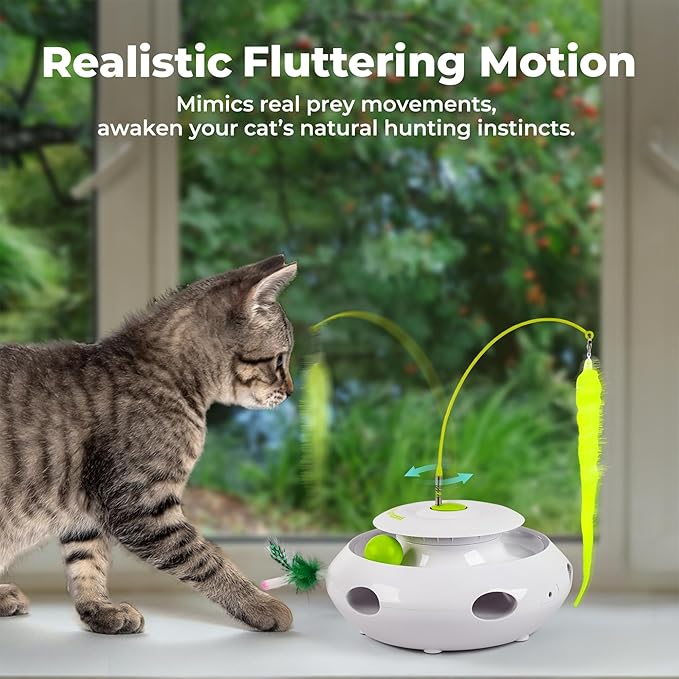 ALL FOR PAWS 3 in 1 Interactive Flutter Bug Cat Toy with Rolling Balls, Whack-a-Mole Feather Toy Automatic Kitten Spinner Toys, Mental Stimulation for Indoor Cats,Includes 6 Teaser Refills