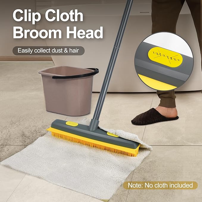 NEWE Rubber Pet Hair Removal Broom with Lint Fur Remover Tool, 57.5 inches Long Handle Silicone Carpet Brush Rake with Built-in Squeegee for Cleaning Rug, Tile, Floor (Gray Yellow)