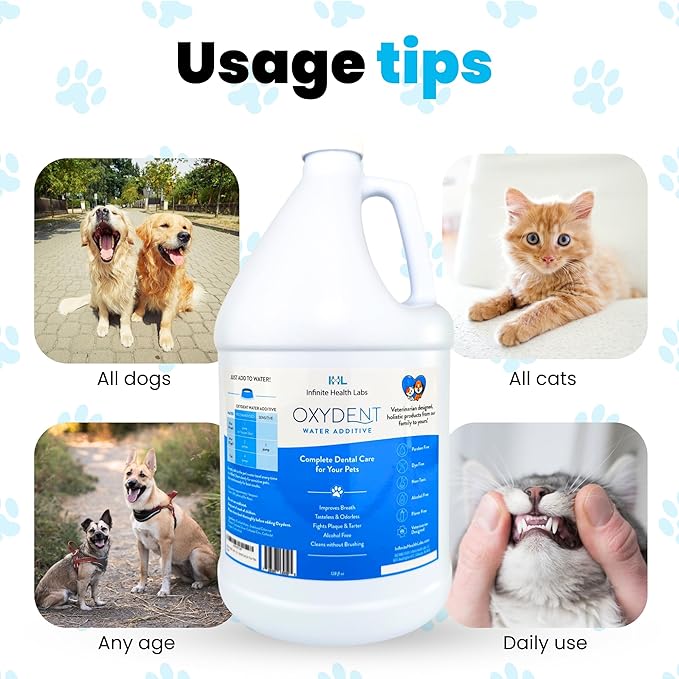 Oxydent Premium Pet Dental Care Solution - Pet Water Additive & Mouthwash for Teeth Cleaning - Eliminate Bad Dog & Cat Bad Breath - Dog Dental Rinse - Fights Tartar & Plaque - 1 Gallon