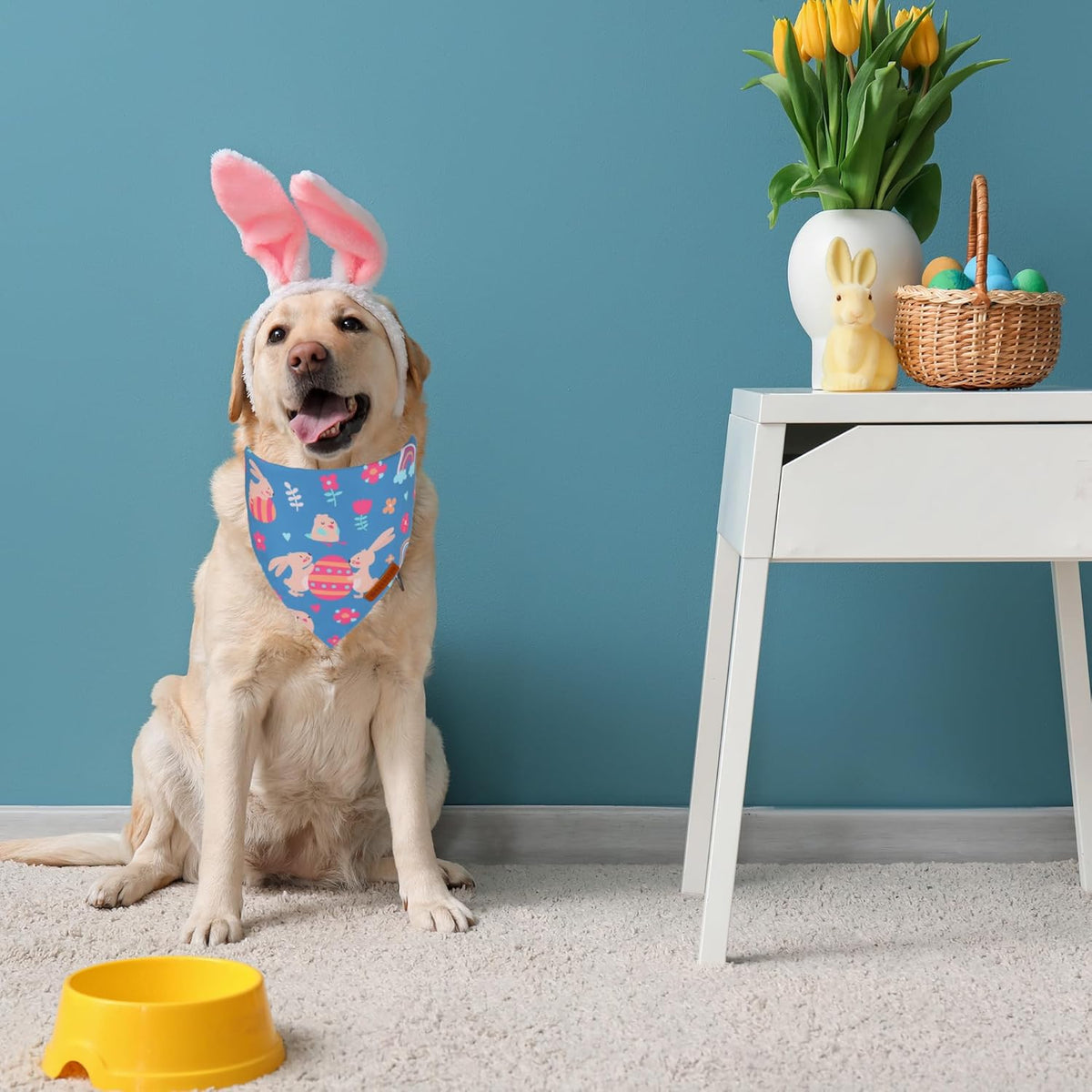 ADOGGYGO Easter Dog Bandanas, Rabbit Carrot Pet Scarf, Multi Size Offered, Orange Blue Easter Bandana for Medium Large Dogs Pets (Large)