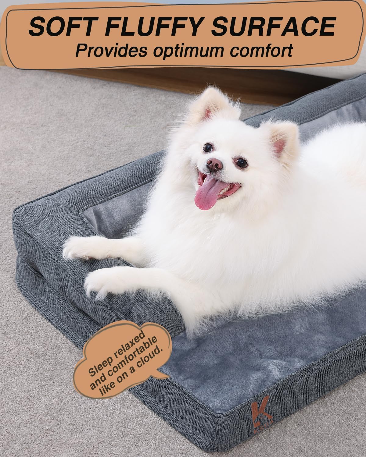 KSIIA Orthopedic Dog Bed for Medium Size Dog，Washable Pet Sofa with U-Shaped Bolster Removable Waterproof Cover Non-Slip Bottom and Egg-Crate Orthopedic Foam Pet Couch Bed, 35 x 22 Inch, Dark Gray