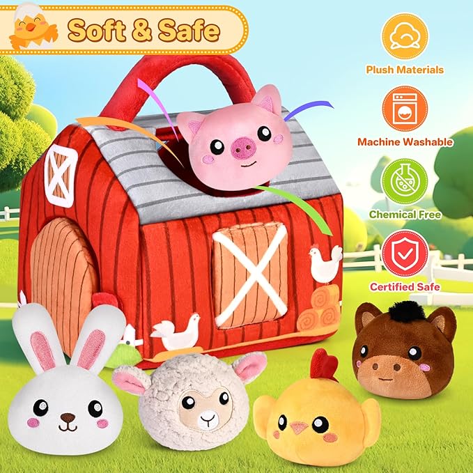 Baby Toys 0-12 Months, Plush Toy Set- 4 Sensory Soft Toys with Crinkle, Rattles for 0-3-6-9-12 Month Newborn Infant, 1st Birthday for Babies Boys Girls Age 1+ (Barn with Farm Animals)
