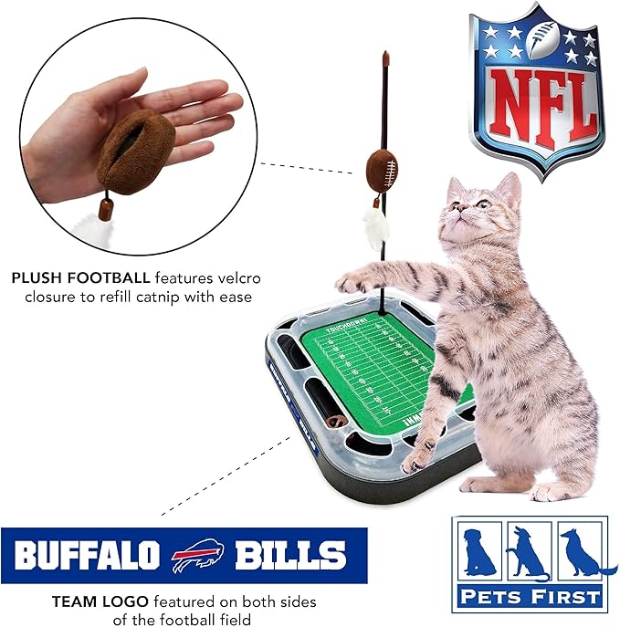 Pets First NFL Buffalo Bills Football Field CAT Scratcher Toy with Catnip Filled Plush Football Toy & Feather Cat Toy Hanging, with Jingle Bell Interactive Ball Cat Chasing 5-in-1 Kitty Toy