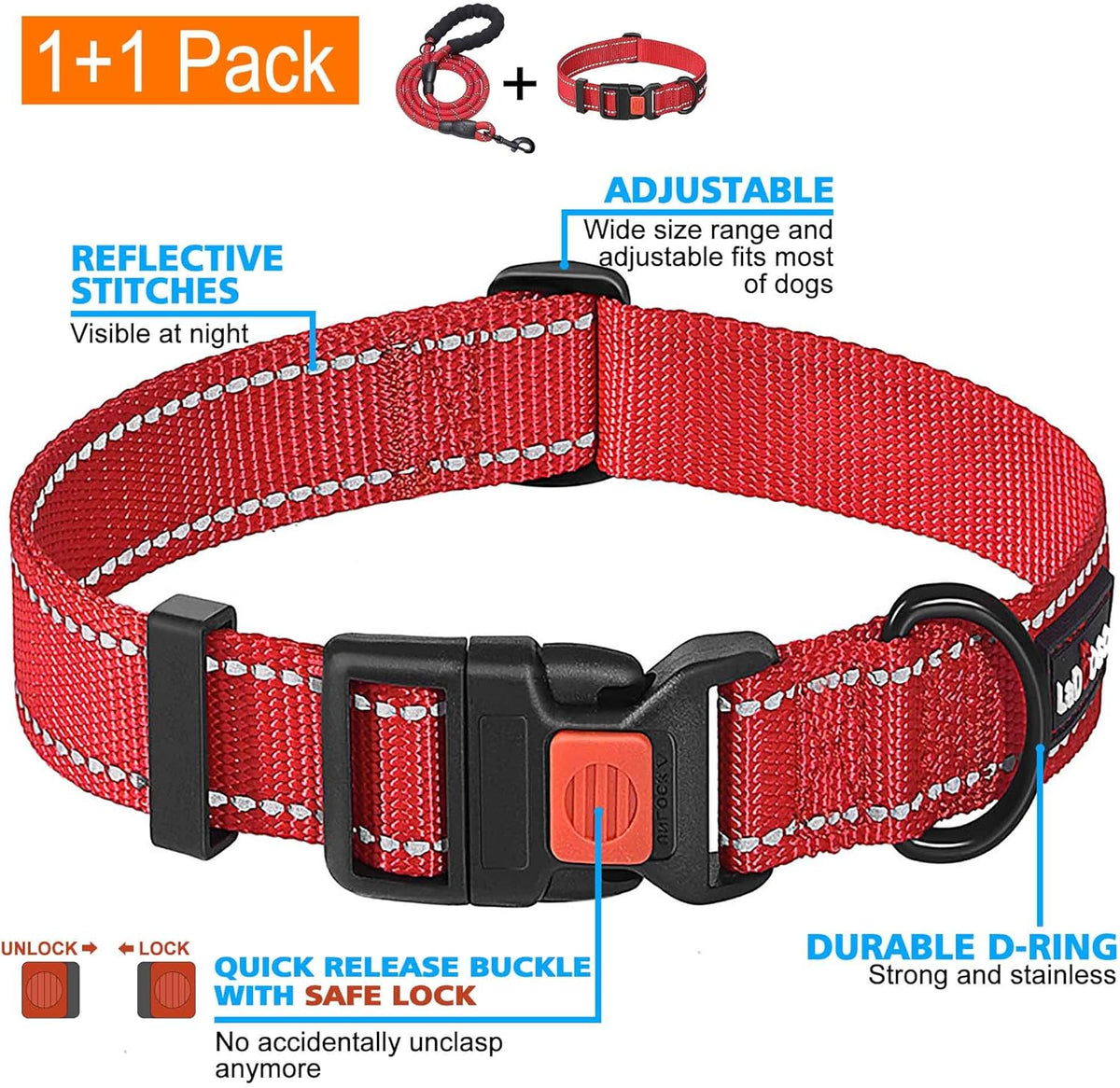 Heavy Duty Dog Leash - Comfortable Padded Handle, 5 ft Long - Dog Leashes for Small Medium Large Dogs (Leash+Collar M Neck 16"-20", Red)