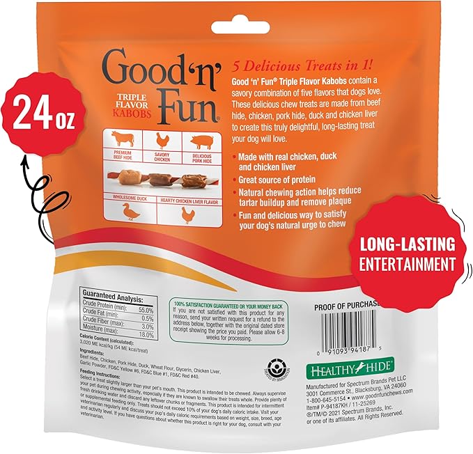 Good'n'Fun Triple Flavored Rawhide Kabobs for Dogs 36 Count (Pack of 12)