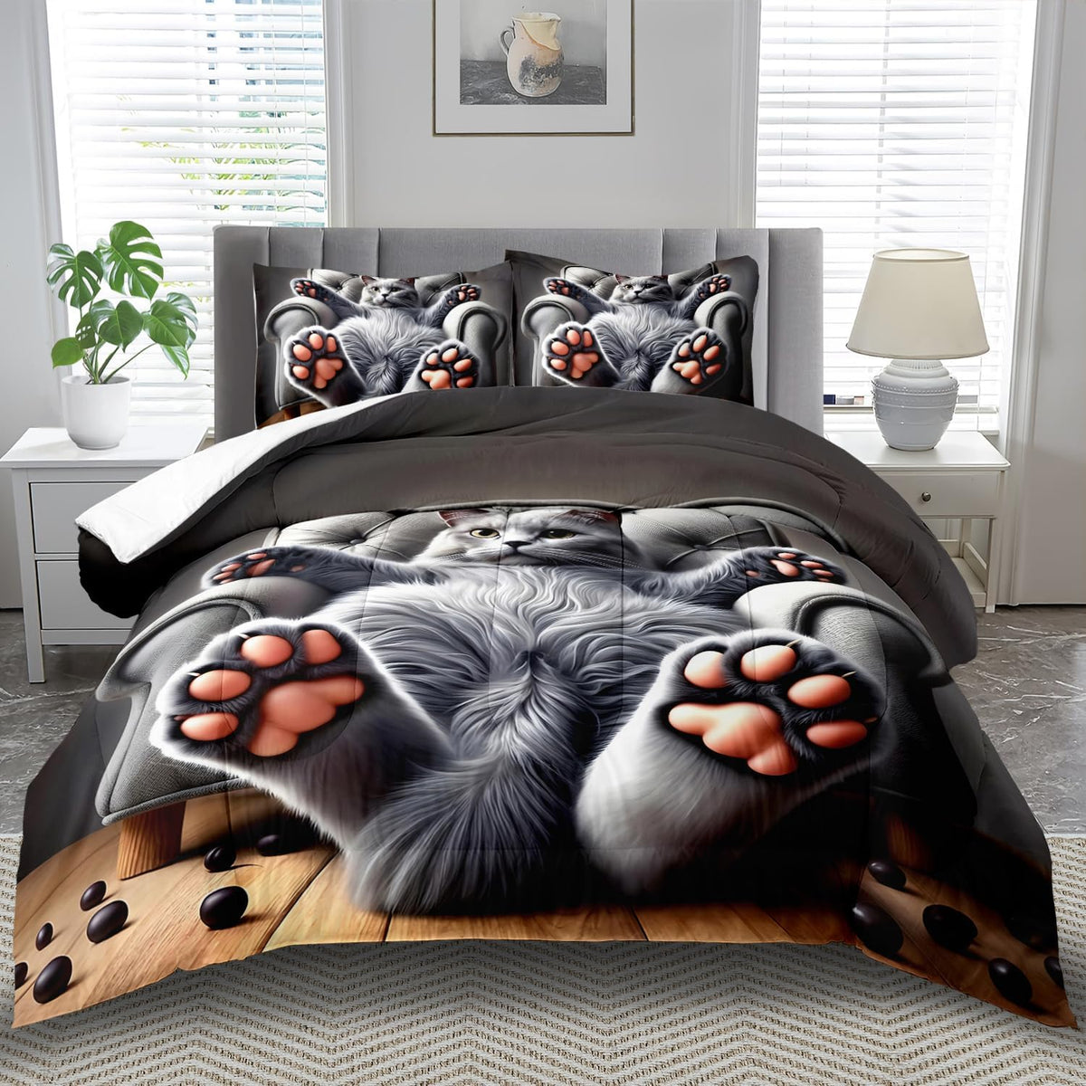 Cute Cat Comforter Set Queen,Grey Kawaii Cat Bedding Set Adult,Cute Animal Comforter for Boy,American Shorthair Bedding Grey,Kawaii Animal Print Quilt Bedroom Decor Kids