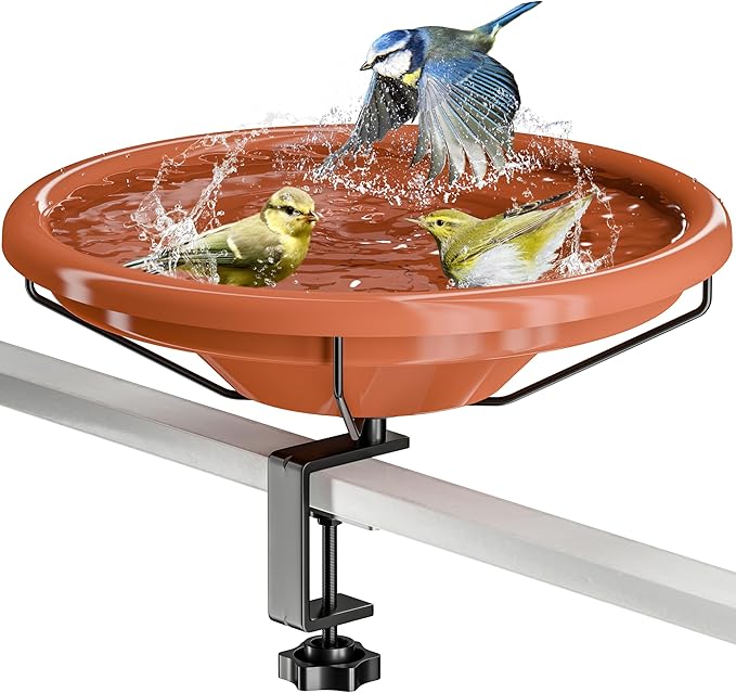 iBorn Bird Bath,Deck Mounted Bird Baths 12inch,Birdbath for Outside with Clamp 3.2inch,BPA-Free Bowl,Chew-Proof,Fully Detachable Design,Easy Clean & Refill,Terracotta,1 Pack（Not Include Fountain）