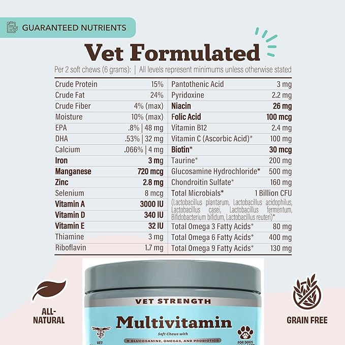 Natural Dog Company Vet Strength Multivitamin Chews for Dogs – Glucosamine, Omega-3 & Biotin for Dogs, Skin & Coat Health, Digestive Health, Immune Support Supplement, Advanced Formula, 90 cnt
